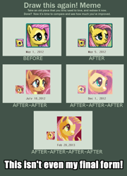 Size: 784x1088 | Tagged: safe, artist:pix3m, fluttershy, pegasus, pony, art meme, bust, comparison, image macro, pixel art, portrait, text, this isn't even my final form