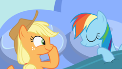 Size: 12800x7200 | Tagged: safe, artist:frownfactory, derpibooru import, edit, applejack, rainbow dash, earth pony, pegasus, pony, secrets and pies, absurd resolution, appledash, applejack's hat, bed, blanket, cowboy hat, eyes closed, female, freckles, hat, lesbian, mare, pillow, shipping, sleeping, smiling