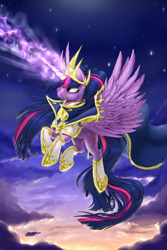 Size: 1500x2250 | Tagged: safe, artist:1jaz, derpibooru import, twilight sparkle, twilight sparkle (alicorn), alicorn, pony, armor, cape, clothes, female, golden armor, magic, magic blast, mare