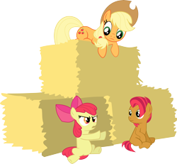 Size: 10000x9224 | Tagged: safe, artist:implatinum, apple bloom, applejack, babs seed, earth pony, pony, absurd resolution, hay bale, simple background, transparent background, vector