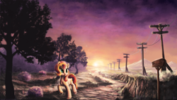 Size: 3000x1687 | Tagged: safe, artist:nemo2d, sunset shimmer, pony, unicorn, power line, scenery, scenery porn, solo, trail, tree, twilight (astronomy)