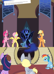 Size: 1100x1500 | Tagged: safe, artist:lilliesinthegarden, derpibooru import, applejack, derpy hooves, fluttershy, nightmare moon, pinkie pie, rainbow dash, twilight sparkle, earth pony, pegasus, pony, alternate universe, ask emberbell, bipedal, blindfold, chains, frown, glass, hoof hold, injured, mane six, pinkamena diane pie, sad, shackles, sitting, spear, spread wings, throne, throne room, tray, tumblr, wine