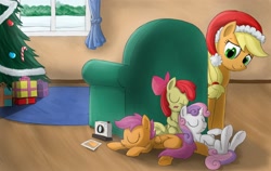 Size: 2368x1498 | Tagged: safe, artist:otakuap, apple bloom, applejack, scootaloo, sweetie belle, earth pony, pony, camera, christmas, christmas tree, cute, cutie mark crusaders, hat, hooves, present, santa hat, secret santa, sleeping, tree