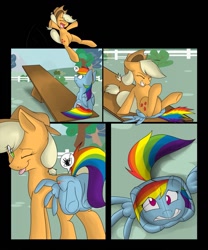 Size: 1067x1280 | Tagged: safe, artist:tlem-dna-talf, derpibooru import, applejack, rainbow dash, earth pony, pegasus, pony, applebuck season, alternate scenario, cartoon physics, comic, facesitting, female, flattened, jumping, mare, seesaw, silly, silly pony, tongue out, who's a silly pony, wink