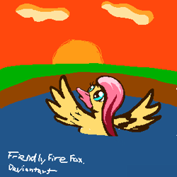 Size: 300x300 | Tagged: safe, artist:friendlyfirefox, fluttershy, duck, 30 minute art challenge, female, flutterduck, pixel art, solo, species swap, spread wings, sunset, wings