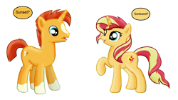 Size: 1378x771 | Tagged: safe, artist:majkashinoda626, sunburst, sunset shimmer, pony, unicorn, backwards cutie mark, brother and sister, cousins, duo, female, headcanon, male, mare, raised hoof, siblings, simple background, speech bubble, stallion, sunny siblings, transparent background