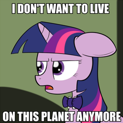 Size: 700x700 | Tagged: safe, artist:ponypie, derpibooru import, twilight sparkle, anothertwilightsparkle, bowtie, farnsworth, futurama, i don't want to live on this planet anymore, image macro, meme, ponified, professor farnsworth, quote, reaction image, stupidity, twilight is not amused, unamused