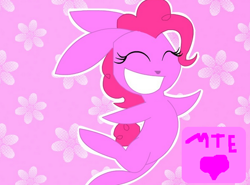 Size: 670x496 | Tagged: safe, artist:meylinthehedgehog, pinkie pie, rabbit, eyes closed, female, pink background, pink coat, pink hair, simple background, smiling, solo, species swap