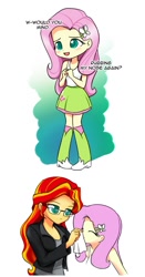 Size: 643x1229 | Tagged: safe, artist:twilite-sparkleplz, edit, fluttershy, sunset shimmer, equestria girls, clothes, female, glasses, lesbian, nose blowing, shipping, skirt, sunshyne, tanktop, tissue, twilite-sparkleplz is trying to murder us