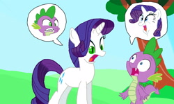 Size: 1600x960 | Tagged: safe, artist:kaytheyatagarasu, rarity, spike, pony, unicorn, alternate eye color, body swap, eye swap, female, male, rule 63, shipping, sparity, straight