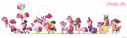 Size: 3000x909 | Tagged: safe, artist:jggjqm522, chancellor puddinghead, pinkie pie, earth pony, pony, alternate hairstyle, animal costume, balloon, chicken pie, chicken suit, clothes, costume, dress, gala dress, ruff (clothing), saloon pinkie, sherlock holmes, then watch her balloons lift her up to the sky, tuxedo