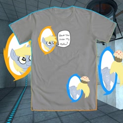 Size: 894x894 | Tagged: safe, artist:itsaaudraw, derpy hooves, pegasus, pony, clothes, female, mare, portal, portal (valve), shirt, solo, t-shirt