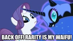 Size: 625x352 | Tagged: safe, nightmare moon, rarity, pony, unicorn, female, image macro, lesbian, nightrarity, reaction image, shipping, waifu