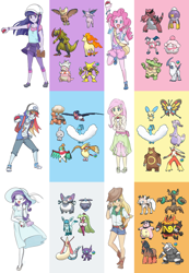 Size: 718x1035 | Tagged: safe, artist:misochikin, artist:wolf, derpibooru import, applejack, fluttershy, pinkie pie, rainbow dash, rarity, twilight sparkle, equestria girls, absol, aggron, alakazam, altaria, beautifly, blaziken, carbink, castform, clothes, converse, crossover, drifblim, emboar, espeon, glaceon, goodra, hawlucha, haxorus, humane five, humane six, krookodile, ludicolo, lycanroc, mega evolution, milotic, miltank, minun, mr. mime, mudsdale, noctowl, pidgeot, pokémon, pokémon team, pokémon trainer, purugly, rapidash, sableye, shoes, slowking, slurpuff, swellow, torkoal, trevenant, tsareena, ursaring