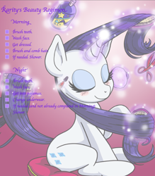 Size: 764x874 | Tagged: safe, artist:latecustomer, edit, rarity, pony, unicorn, blushing, brush, brushing, checklist, hairspray, magic, mascara, pillow, powder (substance), scissors, sitting, solo