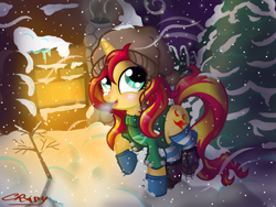Size: 1600x1200 | Tagged: safe, artist:sunsetcrady, sunset shimmer, pony, unicorn, blushing, boots, breath, clothes, hat, night, snow, snowfall, socks, sockset shimmer, solo, sweater, winter, winter outfit