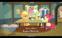 Size: 1024x640 | Tagged: safe, screencap, apple bloom, applejack, granny smith, earth pony, pony, apple family reunion, youtube caption