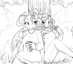 Size: 1280x1124 | Tagged: safe, artist:glacierclear, rarity, sunset shimmer, alicorn, anthro, human, clothes, coffee, food, humanized, monochrome, race swap, raricorn, scarf, sweater, tree