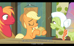 Size: 1024x640 | Tagged: safe, screencap, applejack, big macintosh, granny smith, earth pony, pony, apple family reunion, apple family traffic light, male, stallion, youtube caption