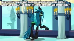 Size: 889x500 | Tagged: safe, edit, edited screencap, screencap, queen chrysalis, changeling, changeling queen, a canterlot wedding, candle, canterlot, caption, female, image macro, impact font, pillar, solo, text, window