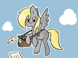 Size: 1024x768 | Tagged: safe, artist:skune, derpy hooves, pegasus, pony, bag, cloud, female, letter, mail, mailbag, mailmare, mailpony, mare, solo