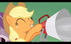 Size: 1024x640 | Tagged: safe, screencap, applejack, earth pony, pony, apple family reunion, megaphone, youtube caption