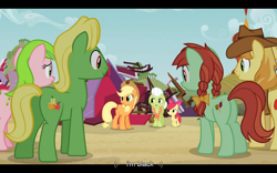 Size: 1024x640 | Tagged: safe, screencap, apple bloom, applejack, braeburn, candy apples, granny smith, red gala, wensley, earth pony, pony, apple family reunion, confession, racist barn, youtube caption