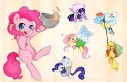 Size: 1088x704 | Tagged: dead source, safe, artist:omgproductions, derpibooru import, applejack, fluttershy, pinkie pie, rainbow dash, rarity, twilight sparkle, twilight sparkle (alicorn), alicorn, earth pony, food pony, original species, pony, unicorn, cupcake, cute, female, food, mane six, mare, mouth hold, ponified, rope, whisk