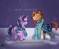 Size: 1024x861 | Tagged: safe, artist:halanlore, starlight glimmer, sunburst, pony, unicorn, adorkable, blushing, cute, dork, female, male, mare, scarves, shipping, snow, snowfall, stallion, starburst, straight