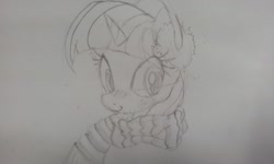 Size: 800x480 | Tagged: safe, artist:zev, derpibooru import, twilight sparkle, grayscale, monochrome, scarf, sketch, traditional art