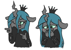 Size: 683x484 | Tagged: safe, artist:typhwosion, queen chrysalis, anthro, changeling, changeling queen, adorkable, ambiguous facial structure, blushing, clothes, crown, cute, cutealis, dork, dorkalis, eye clipping through hair, finger gun, finger guns, floppy ears, jewelry, no pupils, one eye closed, open mouth, regalia, simple background, sweater, turtleneck, white background, wink