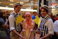 Size: 720x479 | Tagged: artist needed, safe, artist:ayeavast, flam, flim, fluttershy, human, convention, cosplay, dragoncon, flim flam brothers, irl, irl human, photo, pouting