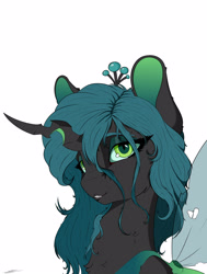 Size: 2300x3050 | Tagged: safe, artist:skitsroom, queen chrysalis, changeling, changeling queen, bust, cheek fluff, chest fluff, colored ears, crown, cute, cutealis, ear fluff, female, fluffy, jewelry, looking at you, portrait, regalia, shoulder fluff, simple background, solo, white background