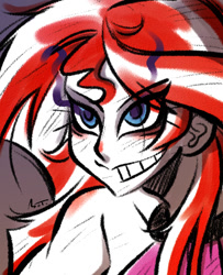 Size: 650x800 | Tagged: safe, artist:mojot, sunset shimmer, equestria girls, bust, daily sunset, dark magic, grin, magic, portrait, solo, sombra eyes