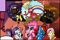 Size: 791x529 | Tagged: safe, artist:toongrowner, derpibooru import, applejack, fluttershy, pinkie pie, rainbow dash, rarity, twilight sparkle, twilight sparkle (alicorn), alicorn, alien, earth pony, pegasus, pony, unicorn, female, male, mane six, mare, stallion, telescope, thought bubble