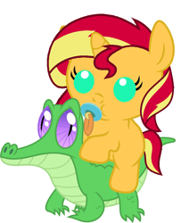 Size: 786x967 | Tagged: safe, artist:red4567, gummy, sunset shimmer, pony, unicorn, baby, baby pony, babyset shimmer, cute, female, pacifier, ponies riding gators, recolor, riding, shimmerbetes, weapons-grade cute