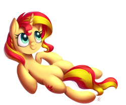 Size: 1200x1000 | Tagged: safe, artist:divlight, sunset shimmer, pony, unicorn, bellyrubs, on back, solo