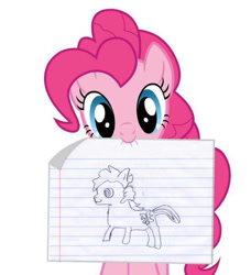 Size: 548x600 | Tagged: safe, pinkie pie, oc, oc:sketchy the notebook pony, earth pony, pony, drawing, lined paper, sketch, traditional art