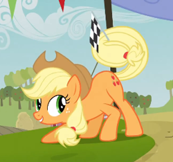 Size: 290x271 | Tagged: safe, screencap, applejack, earth pony, pony, apple family reunion, checkered flag, cropped, crouching, female, flag, lowres, mare, presenting, solo, tail hold