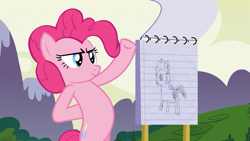 Size: 1067x600 | Tagged: safe, edit, edited screencap, screencap, pinkie pie, oc, earth pony, pony, too many pinkie pies, bipedal, drawing, female, flipchart, lined paper, mare, sketch, solo