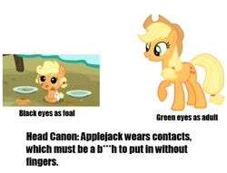 Size: 701x536 | Tagged: safe, applejack, earth pony, pony, babyjack, fanon, female, filly, foal, green eyes, headcanon, messy, op has an opinion, orange coat, raised hoof, simple background, text, theory, white background, yellow hair, yellow mane