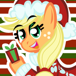 Size: 250x250 | Tagged: safe, artist:ladypixelheart, applejack, earth pony, pony, christmas, happy, hat, present, santa hat, smiling