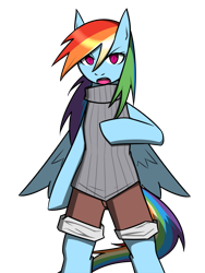 Size: 1500x2000 | Tagged: safe, artist:galdyearth, derpibooru import, rainbow dash, pegasus, pony, bipedal, clothes, female, looking at you, mare, pixiv, shorts, simple background, solo, spread wings, sweater, transparent background, turtleneck, wings