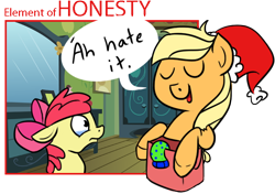 Size: 706x498 | Tagged: safe, artist:cerko, apple bloom, applejack, earth pony, pony, brutal honesty, christmas, crying, element of honesty, hat, honesty, present, santa hat