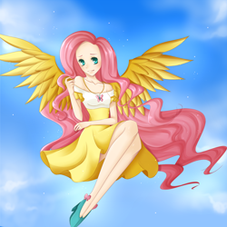 Size: 2000x2000 | Tagged: safe, artist:mayokochan, fluttershy, breasts, clothes, delicious flat chest, dress, flattershy, humanized, skinny, solo, winged humanization