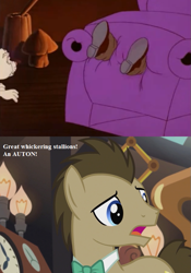 Size: 567x810 | Tagged: safe, edit, edited screencap, screencap, doctor whooves, habbit, mr moochick, g1, my little pony 'n friends, quest of the princess ponies, slice of life (episode), bowtie, chair, cropped, dialogue, doctor who, g1 to g4, generation leap, terror of the autons, vore