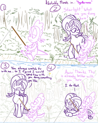 Size: 1280x1611 | Tagged: safe, artist:adorkabletwilightandfriends, spike, starlight glimmer, dragon, pony, comic:adorkable twilight and friends, adorkable friends, comic, fishing, fishing rod, forest, holding tails, lineart, slice of life, tail