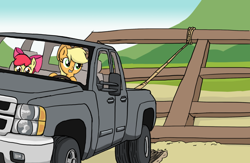 Size: 900x588 | Tagged: safe, artist:mindofnoodles, apple bloom, applejack, earth pony, pony, applejack truck, car, chevrolet, chevrolet silverado, pickup truck, raise this barn, rope, truck