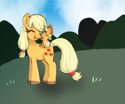 Size: 586x488 | Tagged: dead source, safe, artist:princessoftomatoes, applejack, earth pony, pony, babyjack, filly, hatless, missing accessory, self adoption, self ponidox, time paradox, unshorn fetlocks