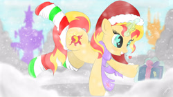 Size: 2556x1440 | Tagged: safe, artist:classedapex, sunset shimmer, pony, unicorn, christmas, clothes, glowing horn, hat, heart, heart eyes, implied sunsetsparkle, present, santa hat, scarf, snow, snowfall, socks, solo, striped socks, wingding eyes
